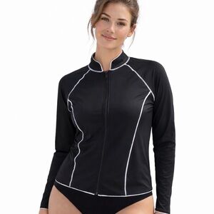 J.Crew Swim Black Full Zip Rash Guard Jacket 2X Long Sleeved White Piping